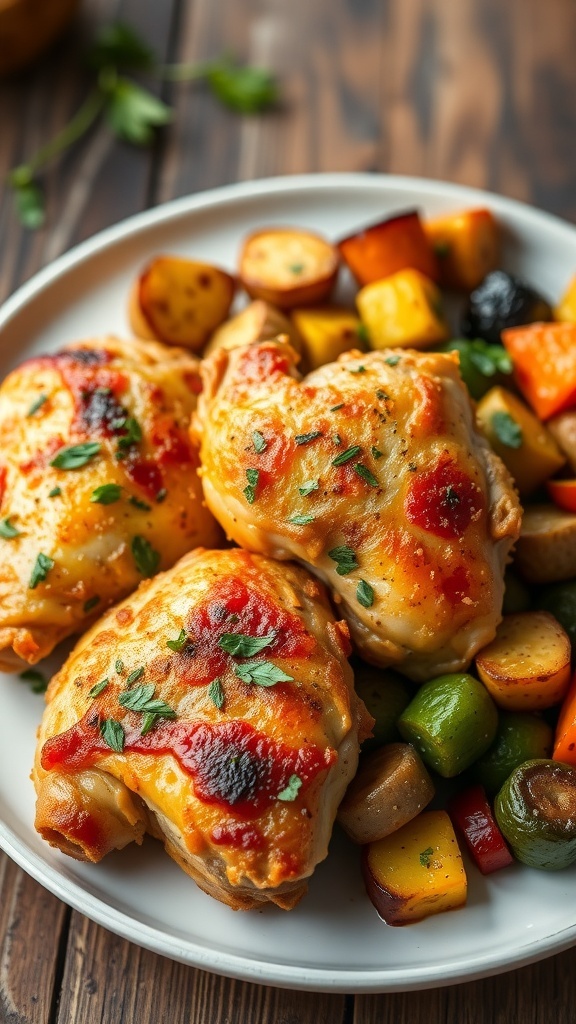 Gluten-Free Air Fryer Chicken Thighs Recipe Crispy air fryer chicken thighs on a plate with roasted vegetables.